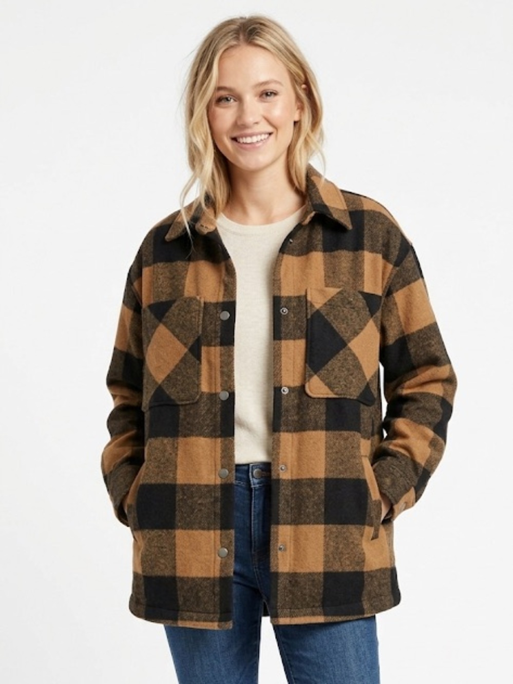 Divided brown and black plaid shacket with pockets size medium
